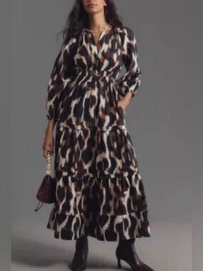 Anthropologie Somerset Poplin Edition Leopard Print Tiered Boho Maxi Dress sz XL